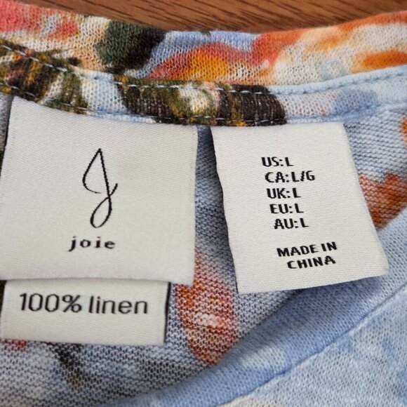 Joie Top Womens Large Blue Floral Linen Short Sleeve Casual Beachy Button Back - Picture 6 of 12